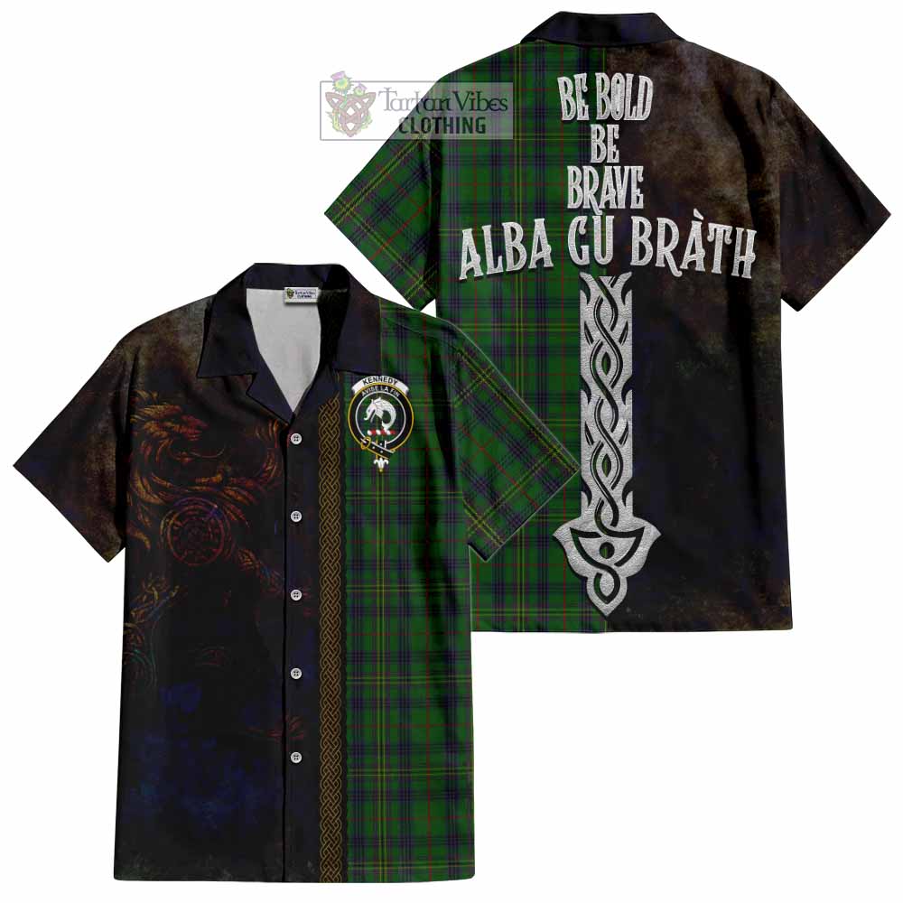 Tartan Vibes Clothing Kennedy Tartan Family Crest Short Sleeve Button Shirt Alba Gu Brath Be Brave Lion Ancient Style