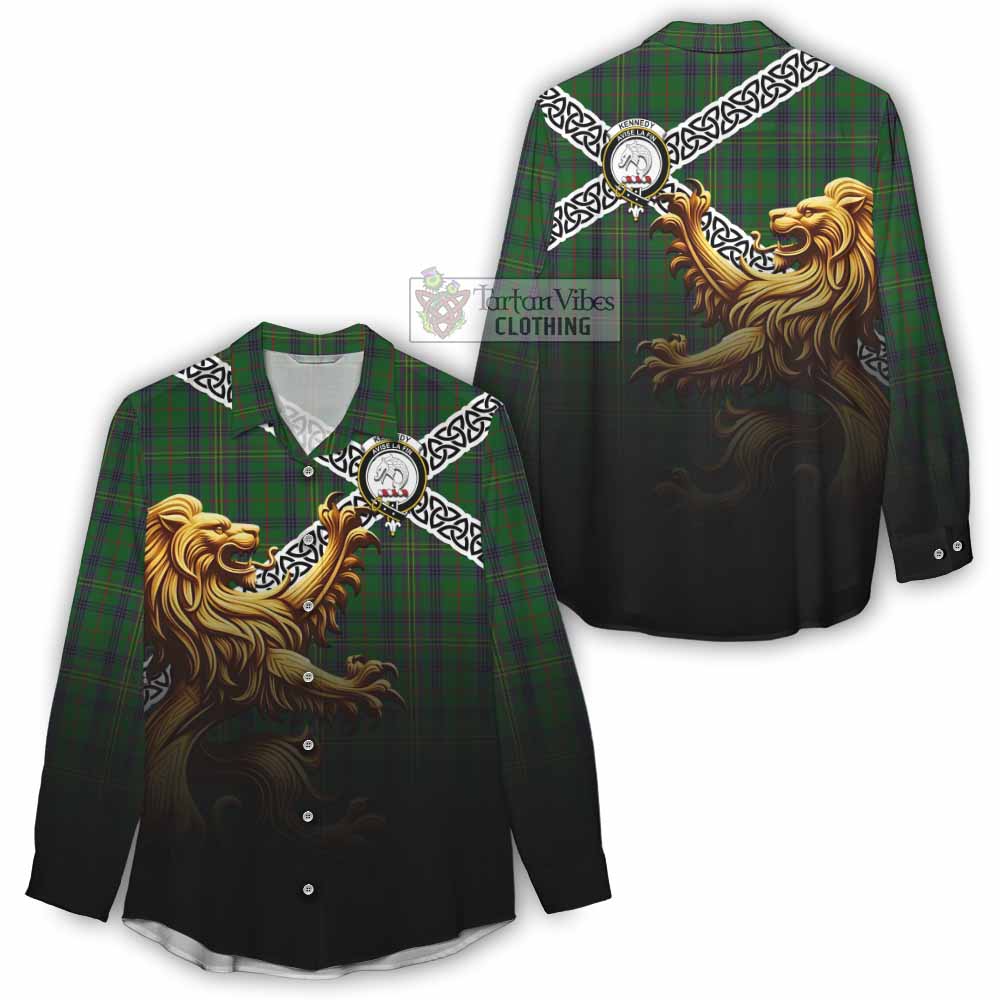Tartan Vibes Clothing Kennedy Crest Tartan Women's Casual Shirt with Golden Lion Emblem Celtic Style