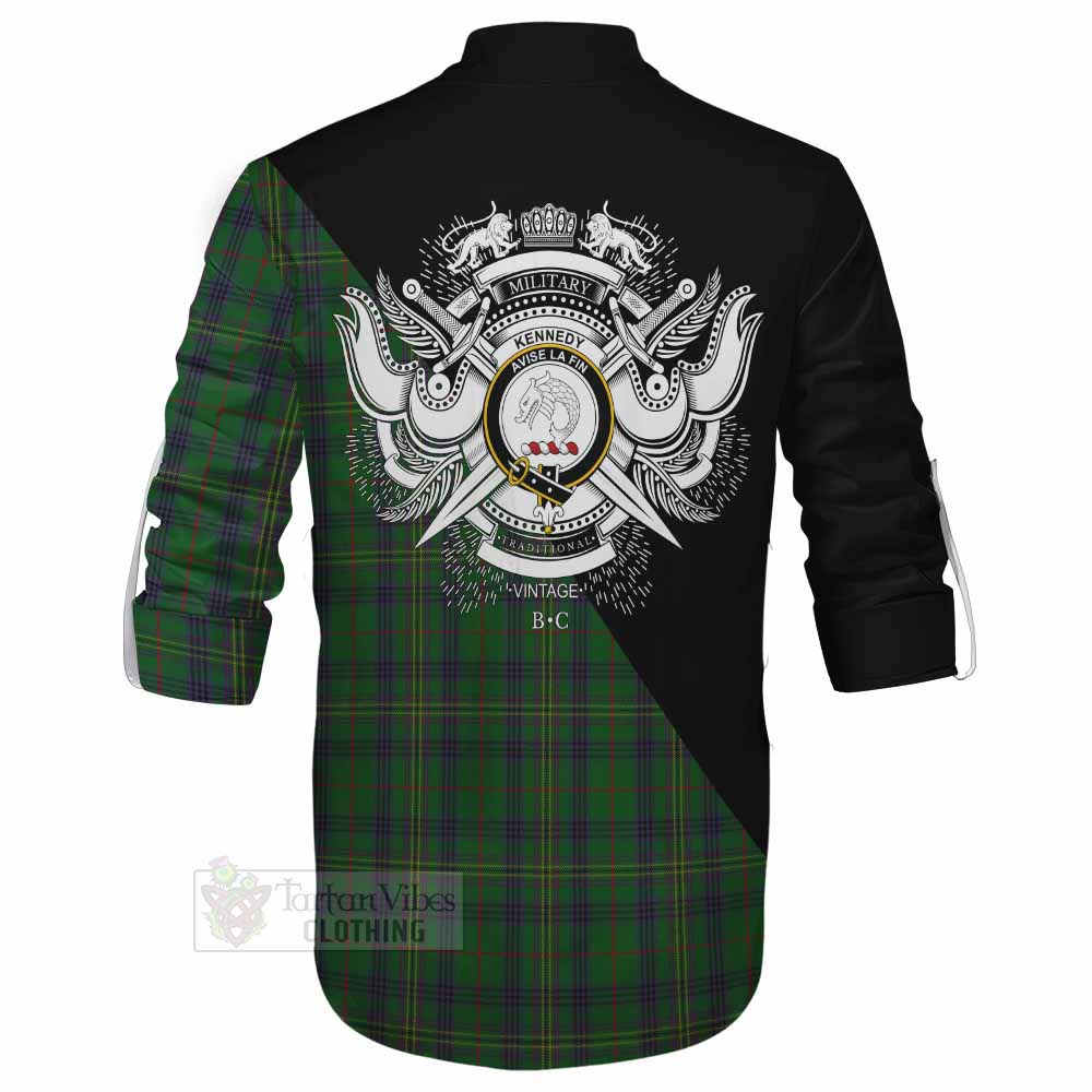 Tartan Vibes Clothing Kennedy Tartan Ghillie Kilt Shirt with Family Crest and Military Logo Style