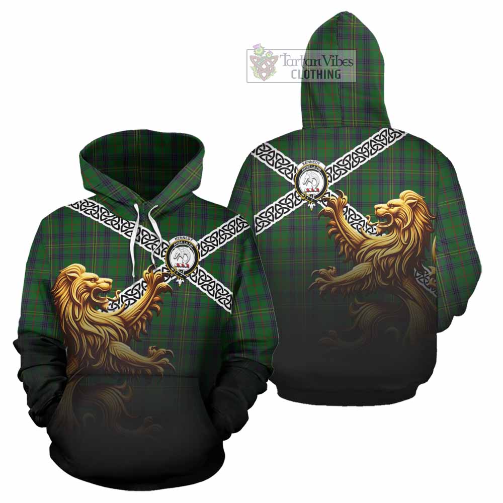 Tartan Vibes Clothing Kennedy Crest Tartan Hoodie with Golden Lion Emblem Celtic Style