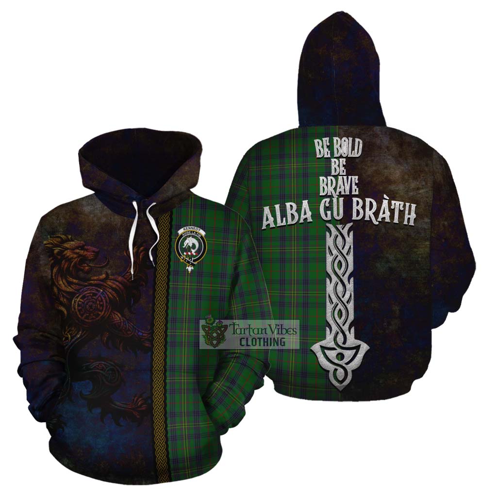 Tartan Vibes Clothing Kennedy Tartan Family Crest Cotton Hoodie Alba Gu Brath Be Brave Lion Ancient Style