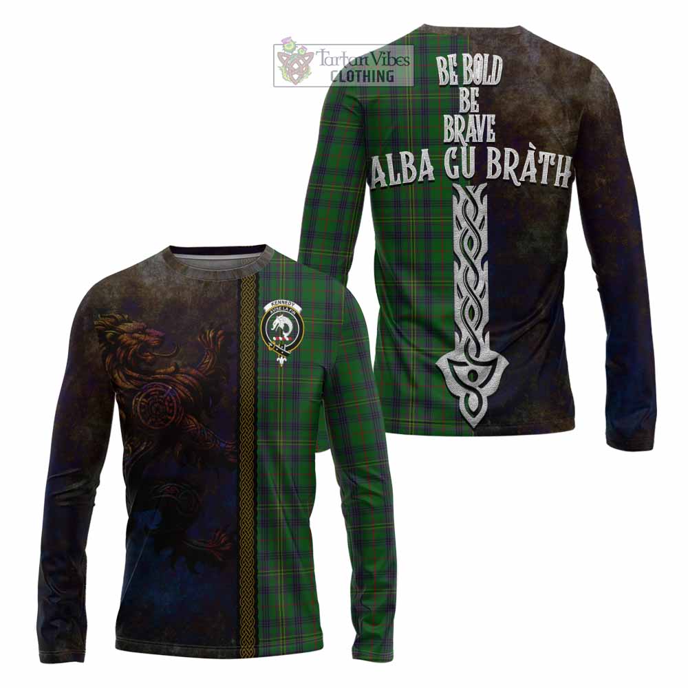 Tartan Vibes Clothing Kennedy Tartan Family Crest Long Sleeve T-Shirt Alba Gu Brath Be Brave Lion Ancient Style