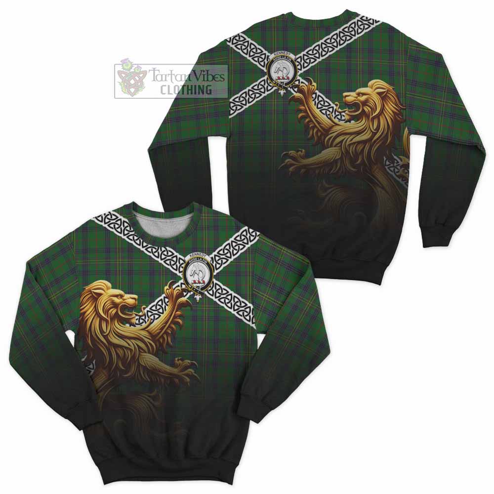 Tartan Vibes Clothing Kennedy Crest Tartan Sweatshirt with Golden Lion Emblem Celtic Style