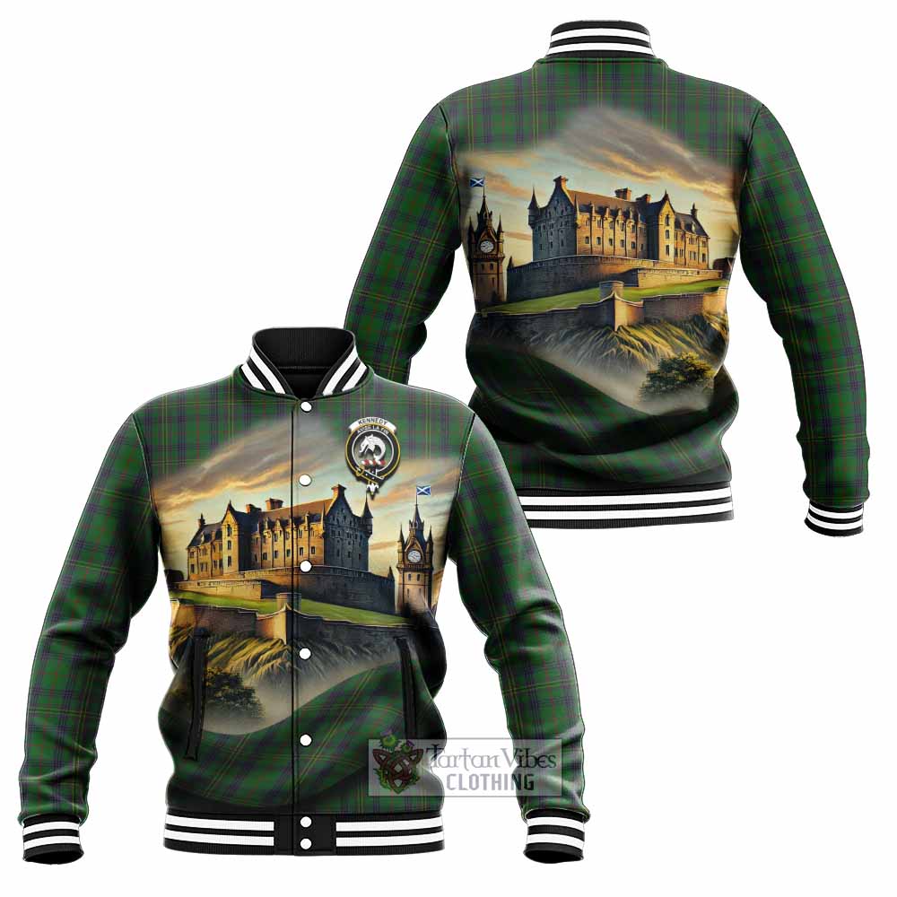 Tartan Vibes Clothing Kennedy Tartan Family Crest Baseball Jacket with Scottish Ancient Castle Style