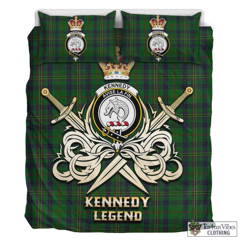 Tartan Vibes Clothing Kennedy Tartan Bedding Set with Clan Crest and the Golden Sword of Courageous Legacy
