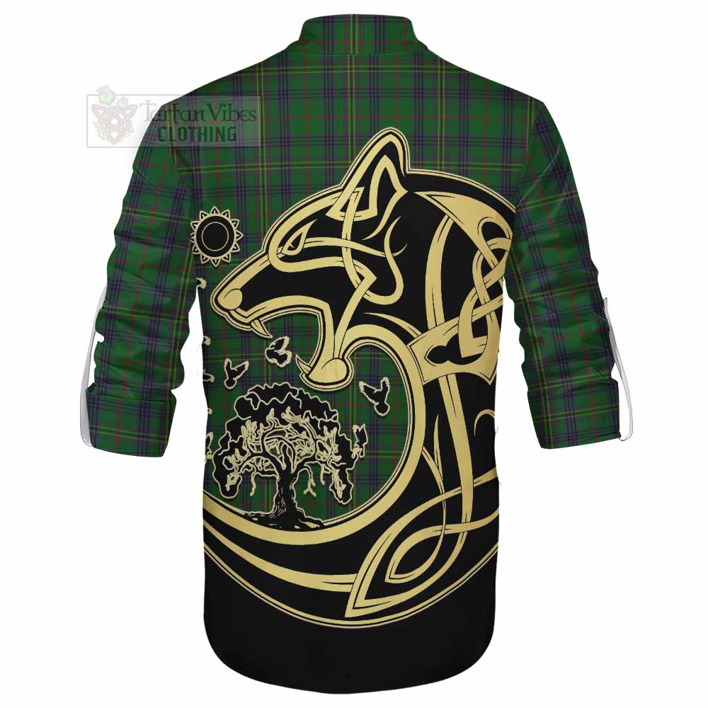 Tartan Vibes Clothing Kennedy Tartan Ghillie Kilt Shirt with Family Crest Celtic Wolf Style