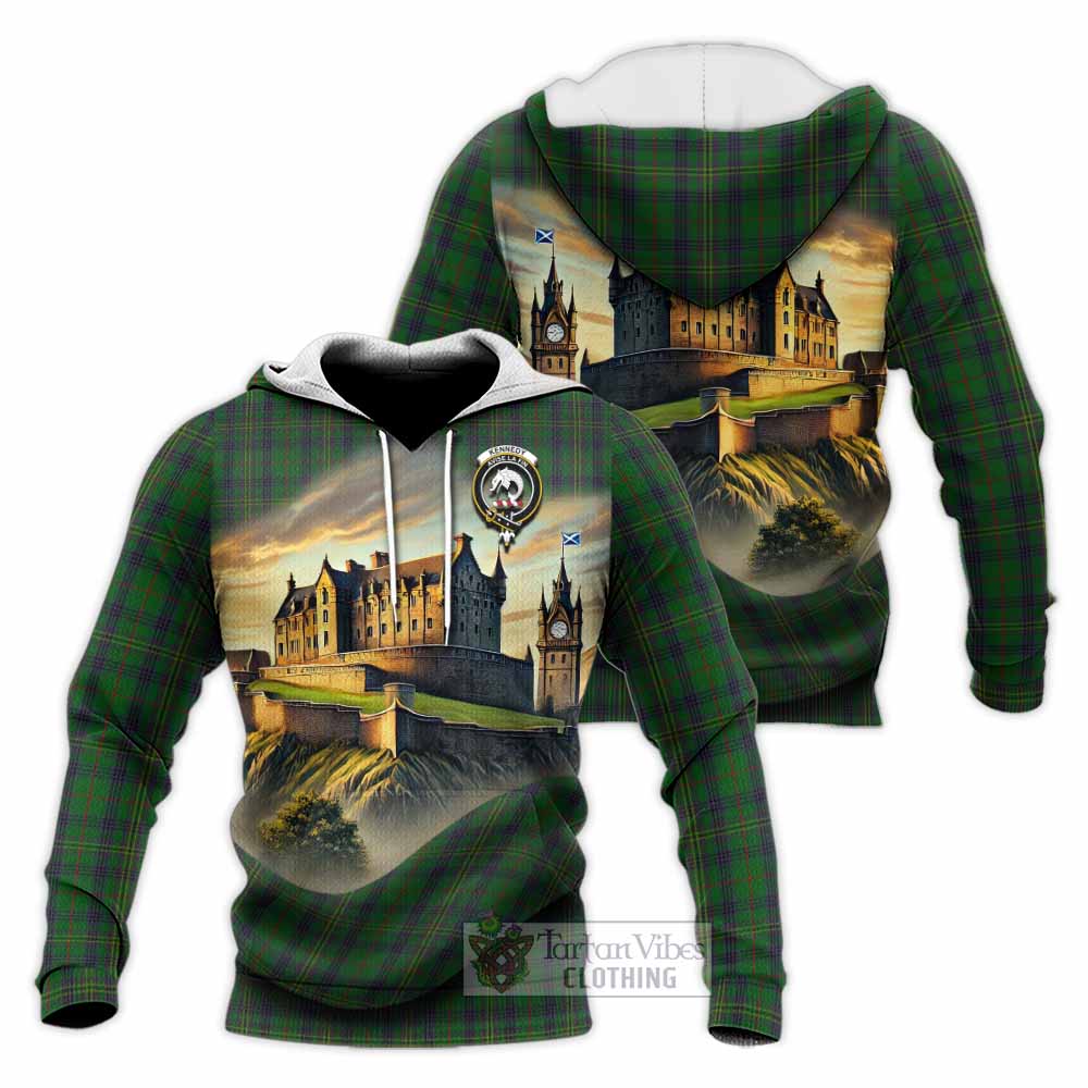 Tartan Vibes Clothing Kennedy Tartan Family Crest Knitted Hoodie with Scottish Ancient Castle Style