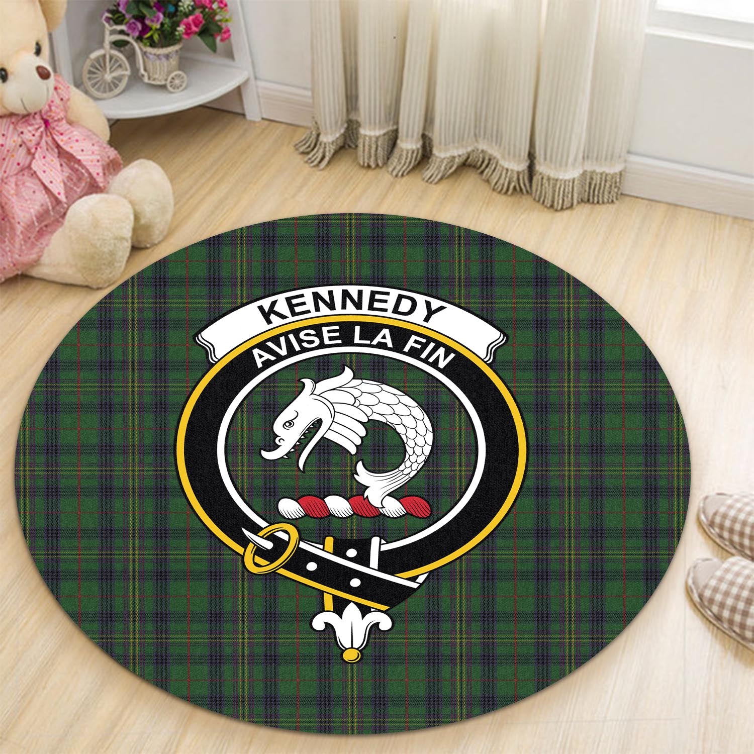 kennedy-tartan-round-rug-with-family-crest
