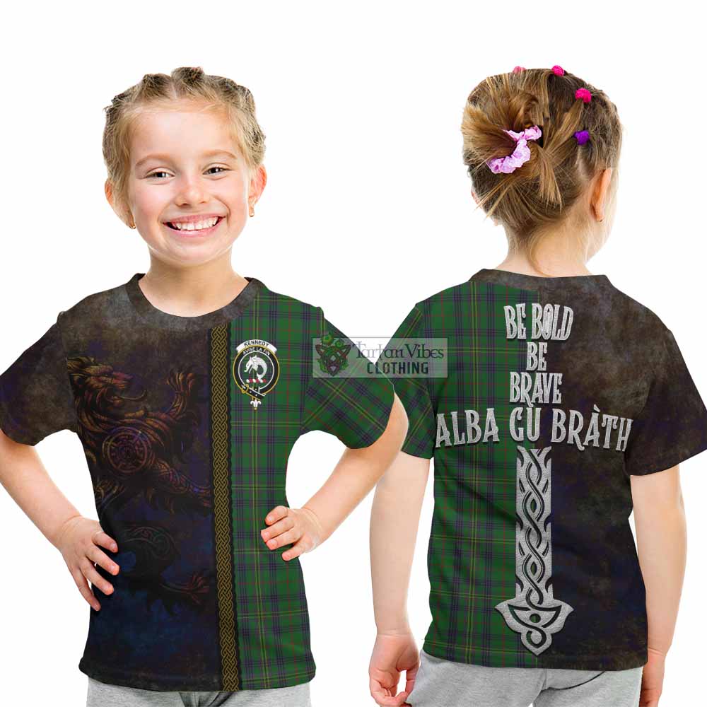 Tartan Vibes Clothing Kennedy Tartan Family Crest Kid T-Shirt Alba Gu Brath Be Brave Lion Ancient Style