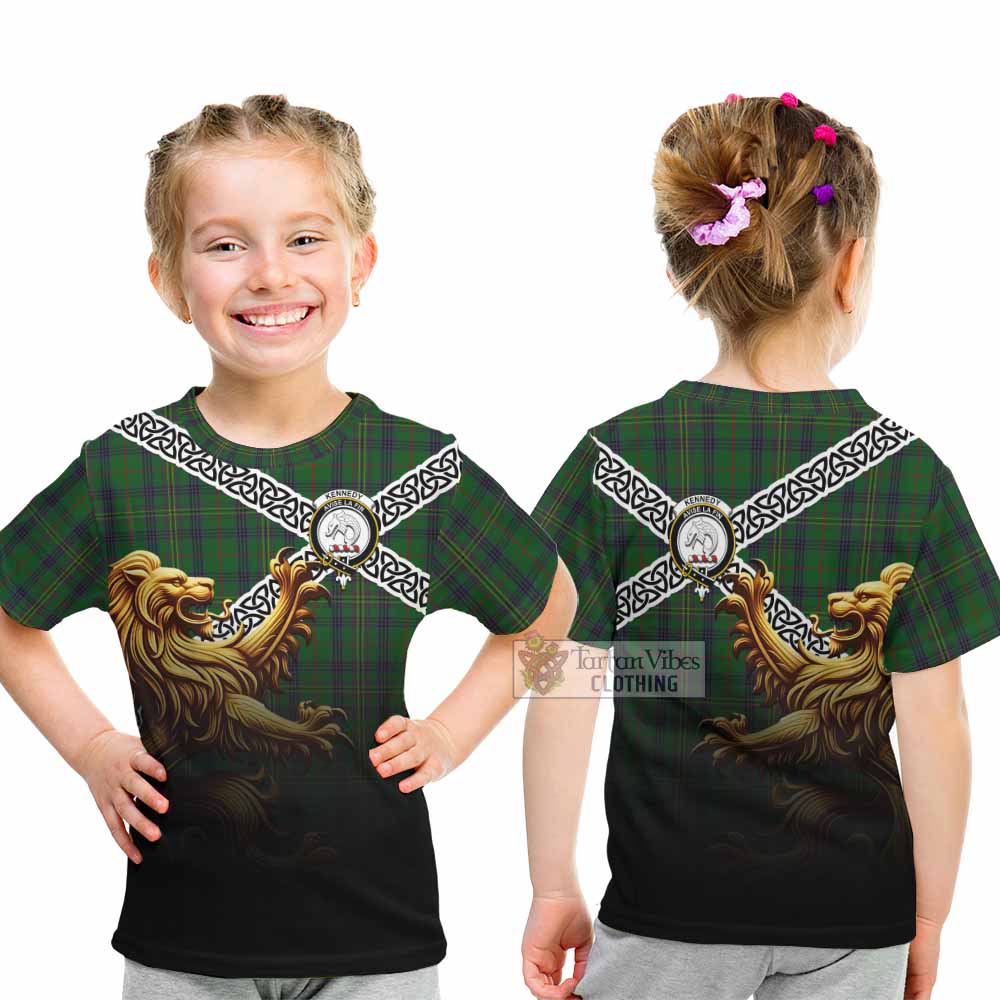Tartan Vibes Clothing Kennedy Crest Tartan Kid T-Shirt with Golden Lion Emblem Celtic Style
