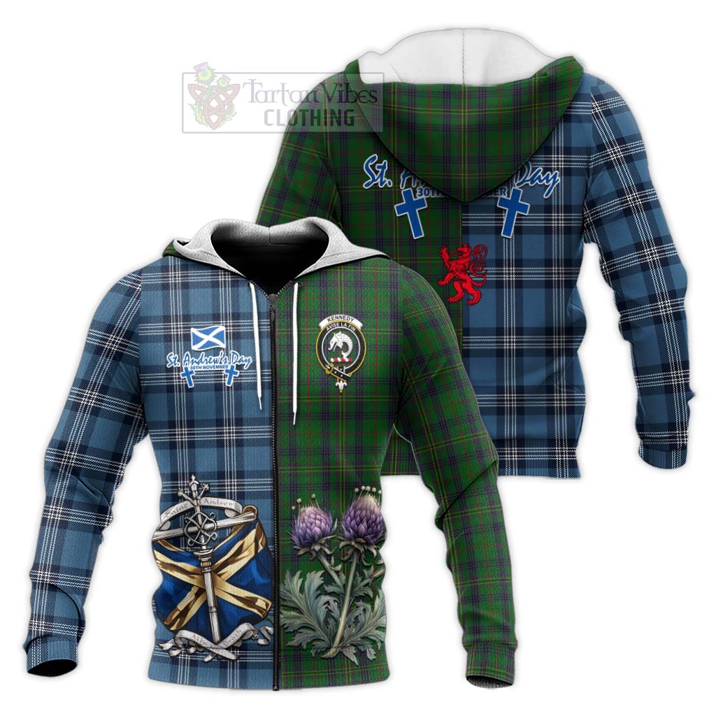 Tartan Vibes Clothing Kennedy Tartan Knitted Hoodie Happy St. Andrew's Day Half Tartan Style