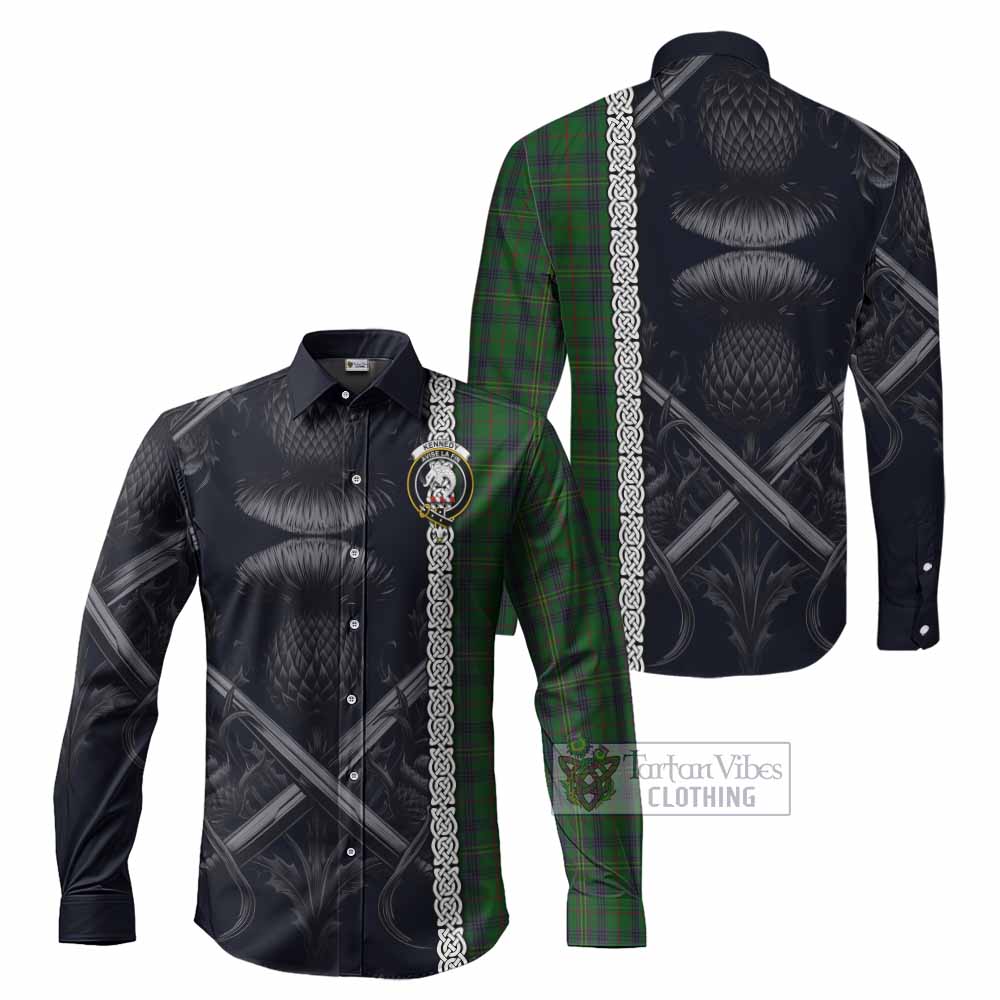 Tartan Vibes Clothing Kennedy Tartan Long Sleeve Button Shirt with Family Crest Cross Sword Thistle Celtic Vibes
