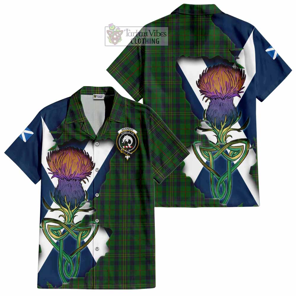 Tartan Vibes Clothing Kennedy Tartan Family Crest Short Sleeve Button Shirt Scottish Thistle Celtic Inspired