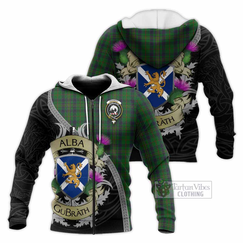 Tartan Vibes Clothing Kennedy Tartan Family Crest Knitted Hoodie Lion Rampant Royal Thistle Shield Celtic Inspired