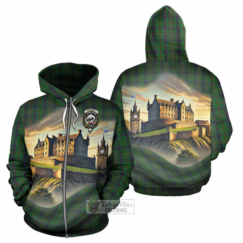 Tartan Vibes Clothing Kennedy Tartan Family Crest Hoodie with Scottish Ancient Castle Style