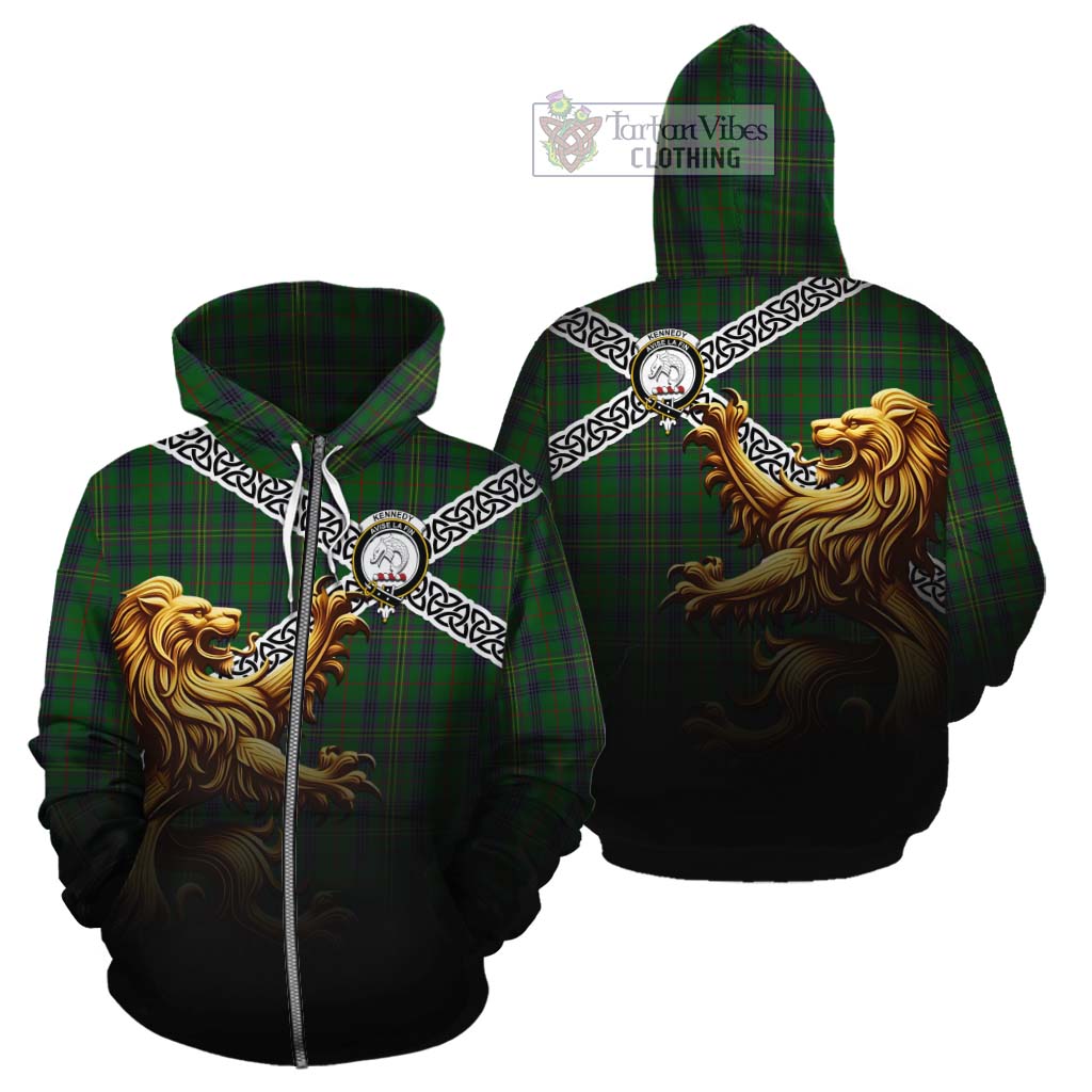 Tartan Vibes Clothing Kennedy Crest Tartan Cotton Hoodie with Golden Lion Emblem Celtic Style