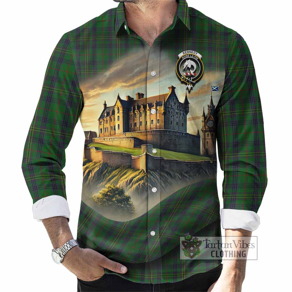 Tartan Vibes Clothing Kennedy Tartan Family Crest Long Sleeve Button Shirt with Scottish Ancient Castle Style