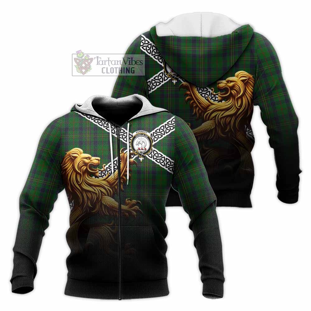 Tartan Vibes Clothing Kennedy Crest Tartan Knitted Hoodie with Golden Lion Emblem Celtic Style