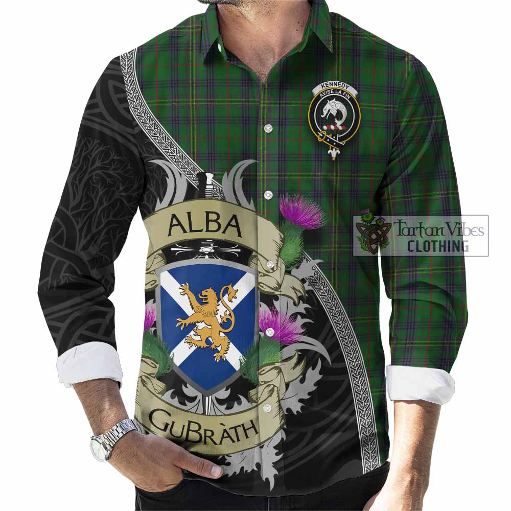 Tartan Vibes Clothing Kennedy Tartan Family Crest Long Sleeve Button Shirt Lion Rampant Royal Thistle Shield Celtic Inspired