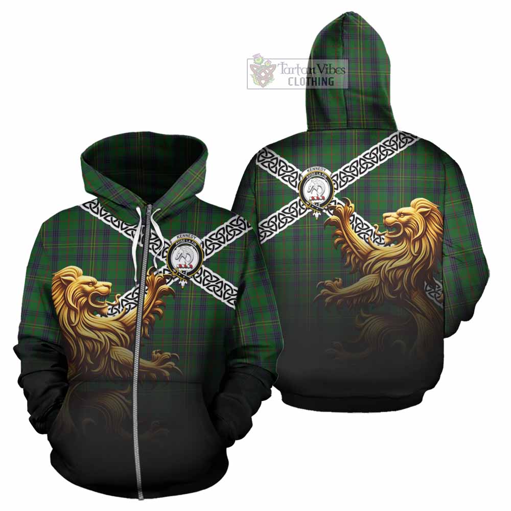 Tartan Vibes Clothing Kennedy Crest Tartan Hoodie with Golden Lion Emblem Celtic Style