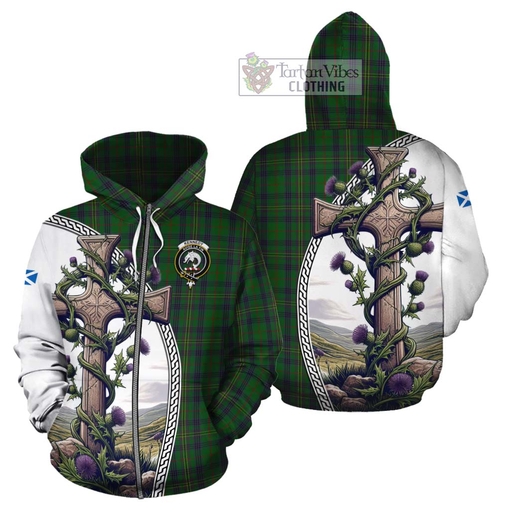 Tartan Vibes Clothing Kennedy Tartan Cotton Hoodie with Family Crest and St. Andrew's Cross Accented by Thistle Vines