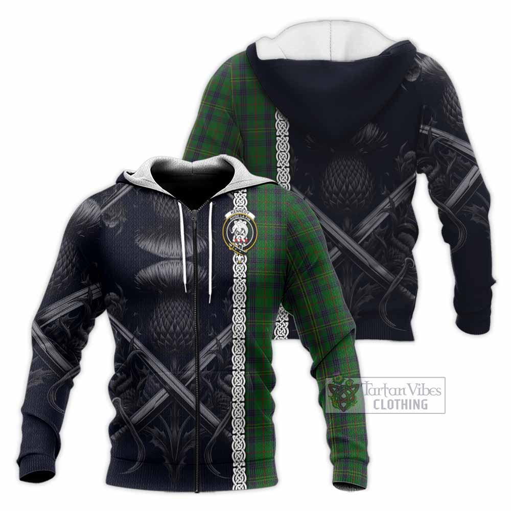 Tartan Vibes Clothing Kennedy Tartan Knitted Hoodie with Family Crest Cross Sword Thistle Celtic Vibes
