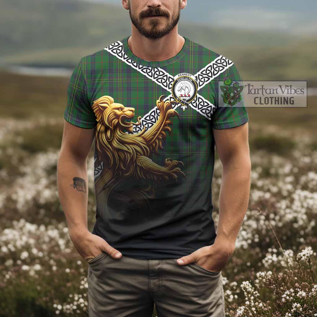 Tartan Vibes Clothing Kennedy Crest Tartan T-Shirt with Golden Lion Emblem Celtic Style