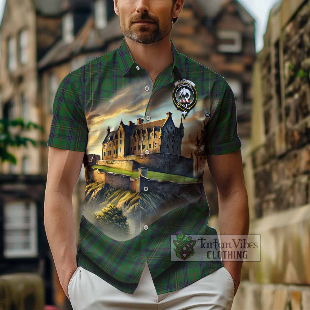 Tartan Vibes Clothing Kennedy Tartan Family Crest Short Sleeve Button Shirt with Scottish Ancient Castle Style