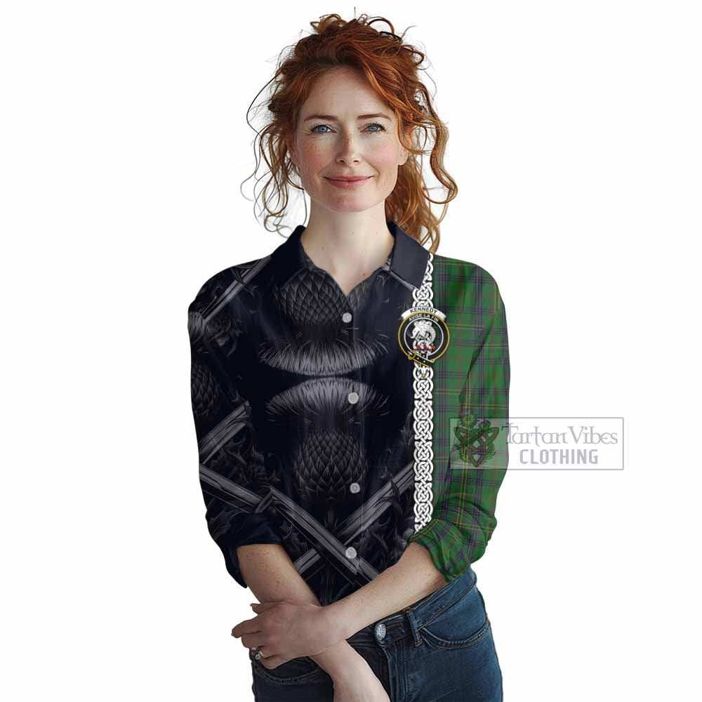 Tartan Vibes Clothing Kennedy Tartan Women's Casual Shirt with Family Crest Cross Sword Thistle Celtic Vibes
