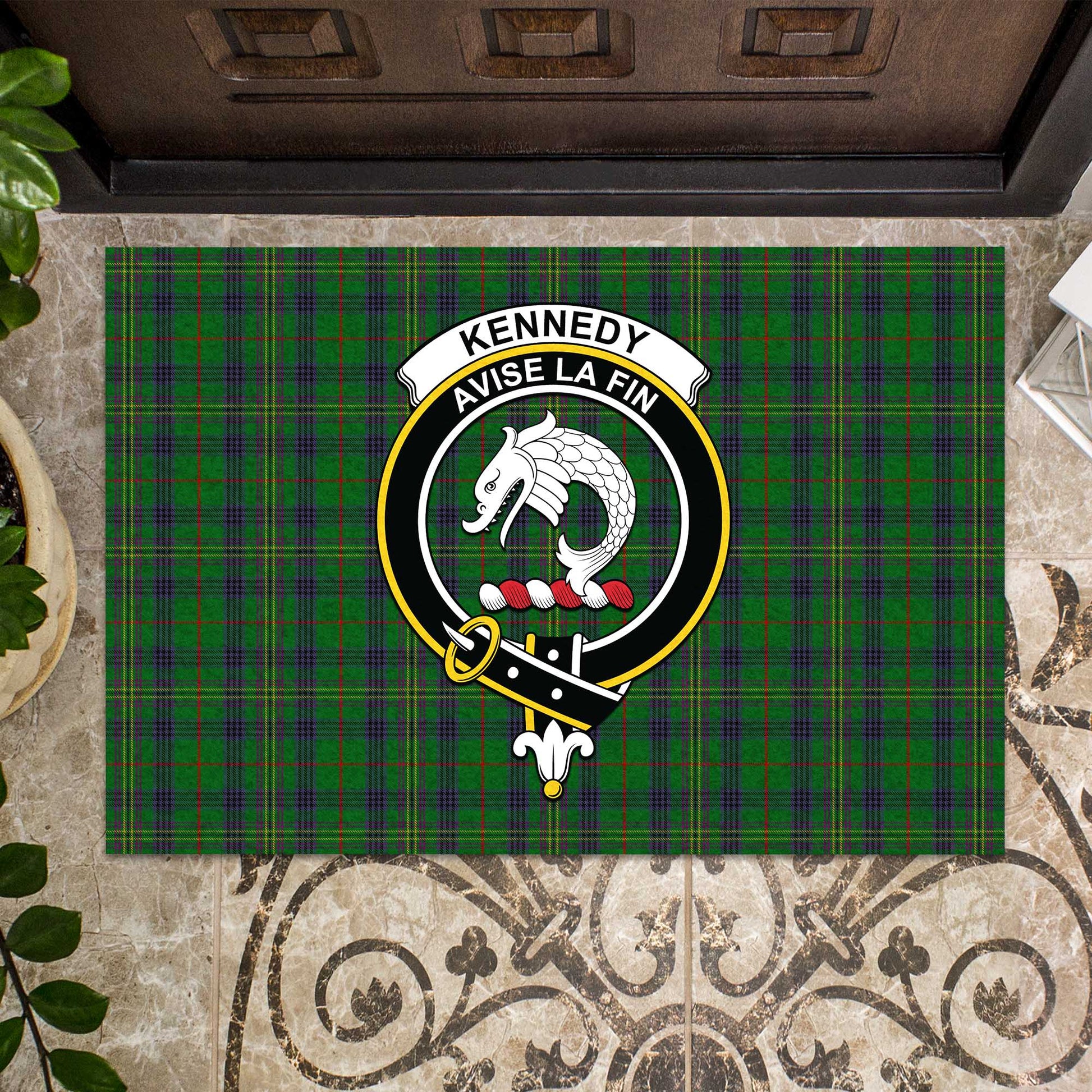 Kennedy Tartan Door Mat with Family Crest - Tartanvibesclothing