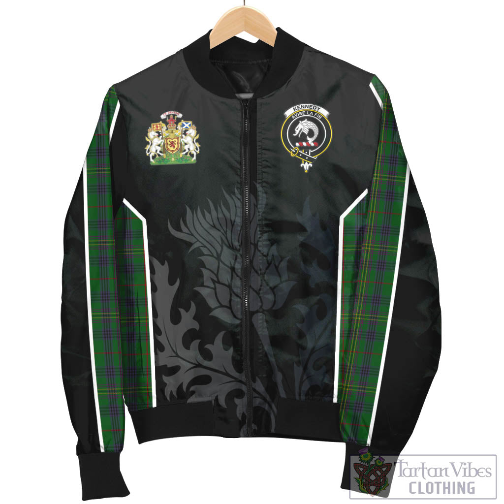 Tartan Vibes Clothing Kennedy Tartan Bomber Jacket with Family Crest and Scottish Thistle Vibes Sport Style