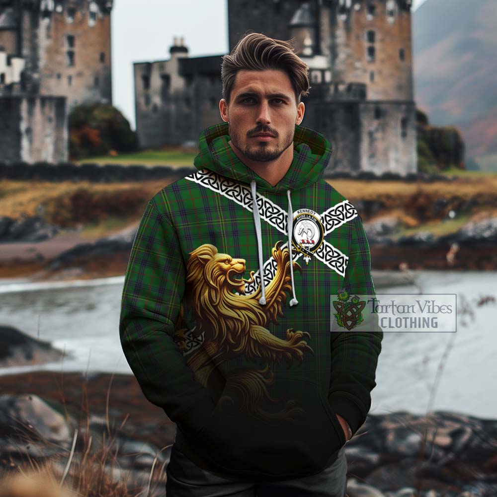 Tartan Vibes Clothing Kennedy Crest Tartan Cotton Hoodie with Golden Lion Emblem Celtic Style