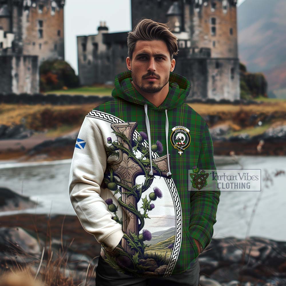 Tartan Vibes Clothing Kennedy Tartan Cotton Hoodie with Family Crest and St. Andrew's Cross Accented by Thistle Vines