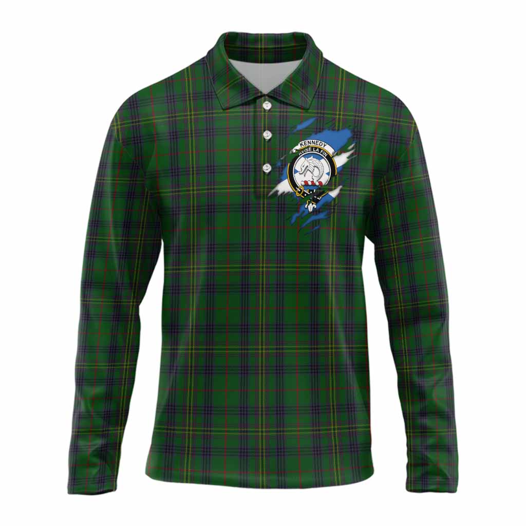 Kennedy Clan Crest In Me Tartan Long Sleeve Polo Shirt Scotland Flag Style