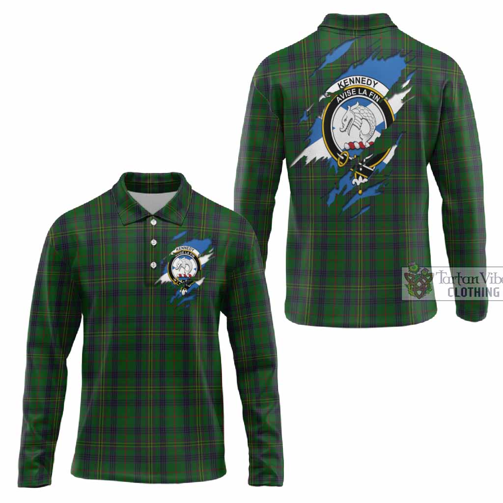 Kennedy Clan Crest In Me Tartan Long Sleeve Polo Shirt Scotland Flag Style