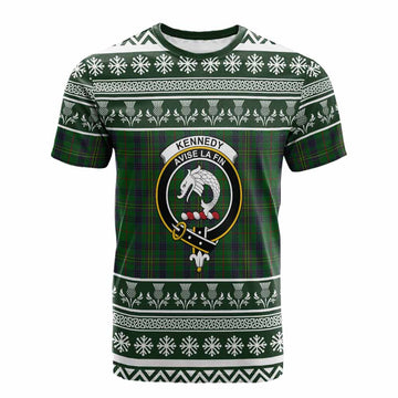 Kennedy Clan Tartan Christmas Cotton T-shirt with Family Crest