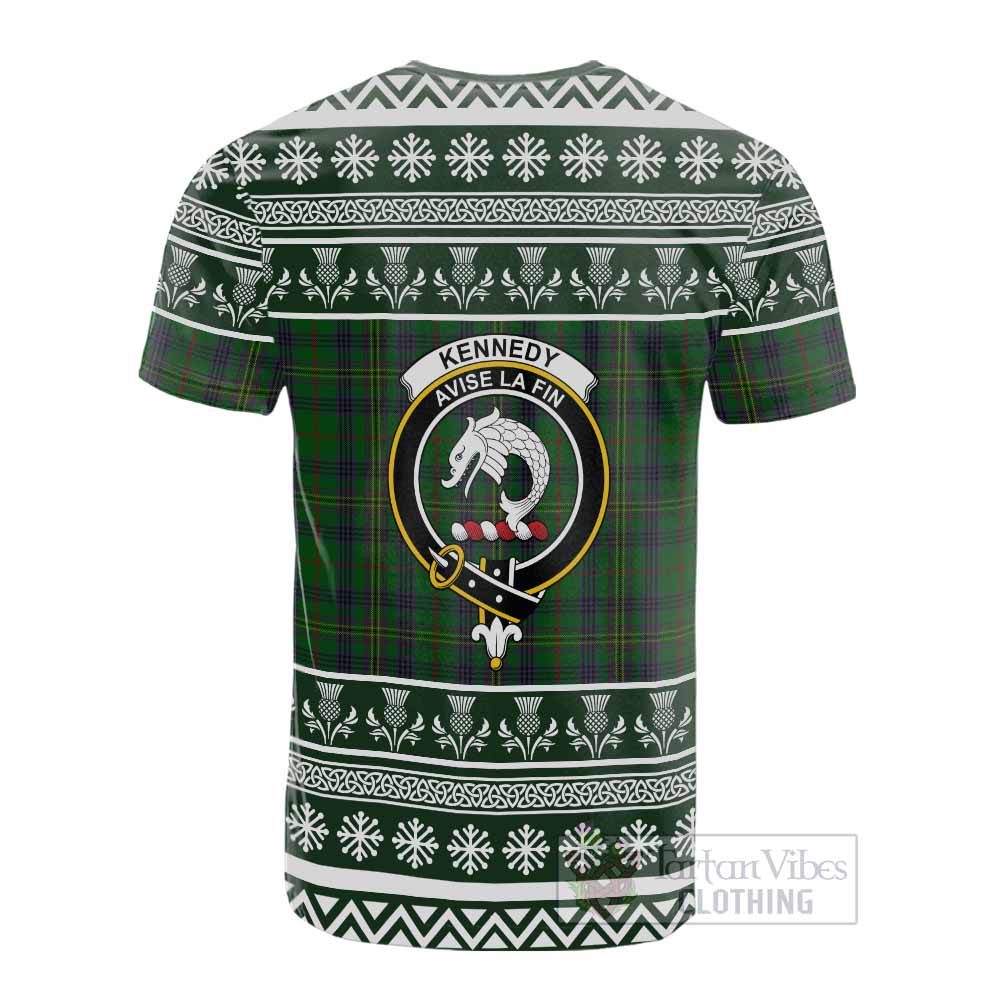 Kennedy Clan Tartan Christmas Cotton T-shirt with Family Crest - Tartan Vibes Clothing