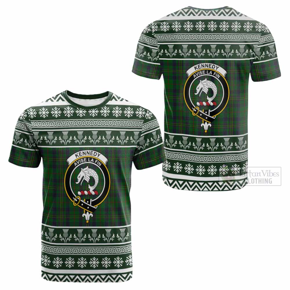 Kennedy Clan Tartan Christmas Cotton T-shirt with Family Crest - Tartan Vibes Clothing