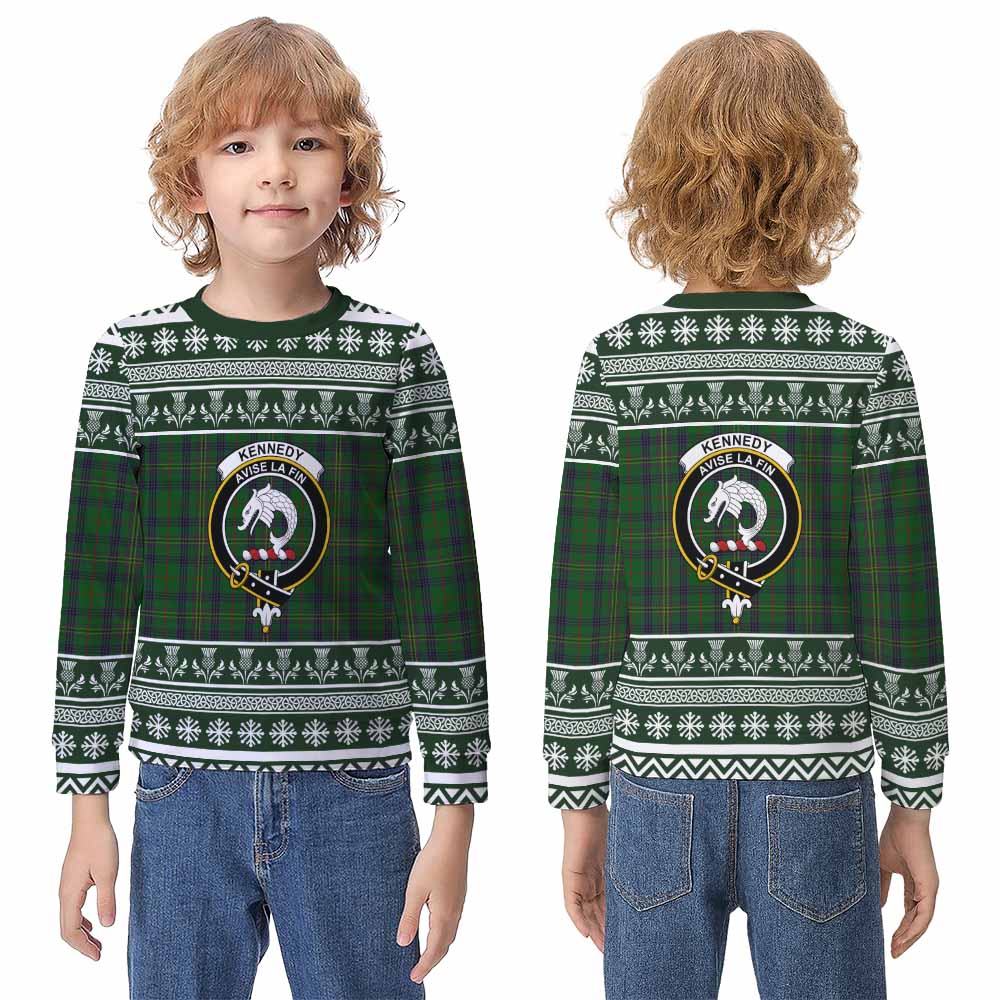 Kennedy Clan Tartan Christmas Kid Ugly Sweatshirt with Family Crest - Tartan Vibes Clothing