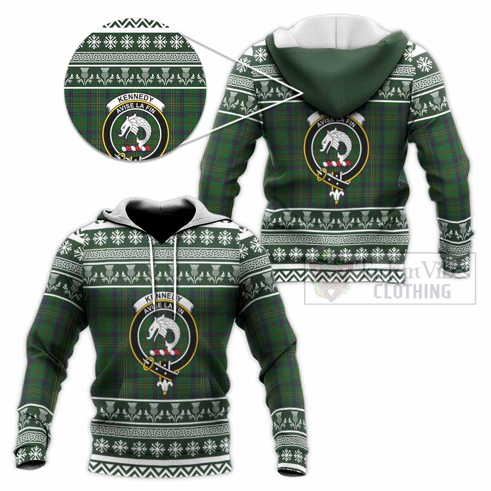 Kennedy Clan Tartan Christmas Knitted Hoodie with Family Crest - Tartan Vibes Clothing
