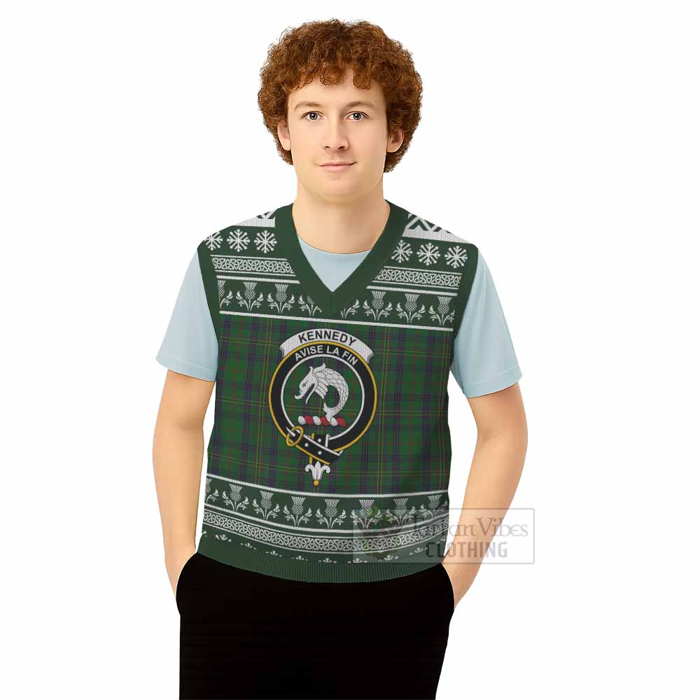 Kennedy Clan Tartan Christmas Knitted V-Neck Vest with Family Crest - Tartan Vibes Clothing