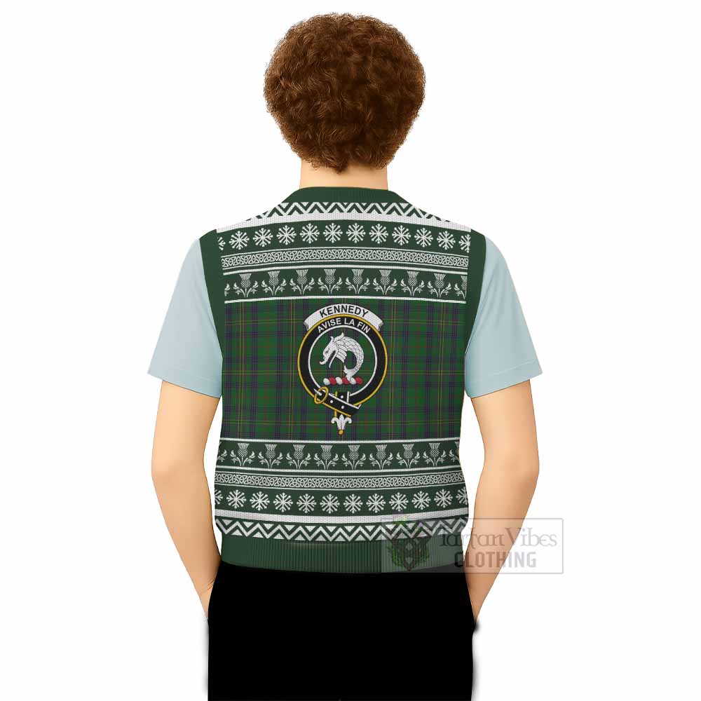 Kennedy Clan Tartan Christmas Knitted V-Neck Vest with Family Crest - Tartan Vibes Clothing