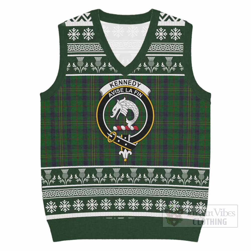 Kennedy Clan Tartan Christmas Knitted V-Neck Vest with Family Crest - Tartan Vibes Clothing