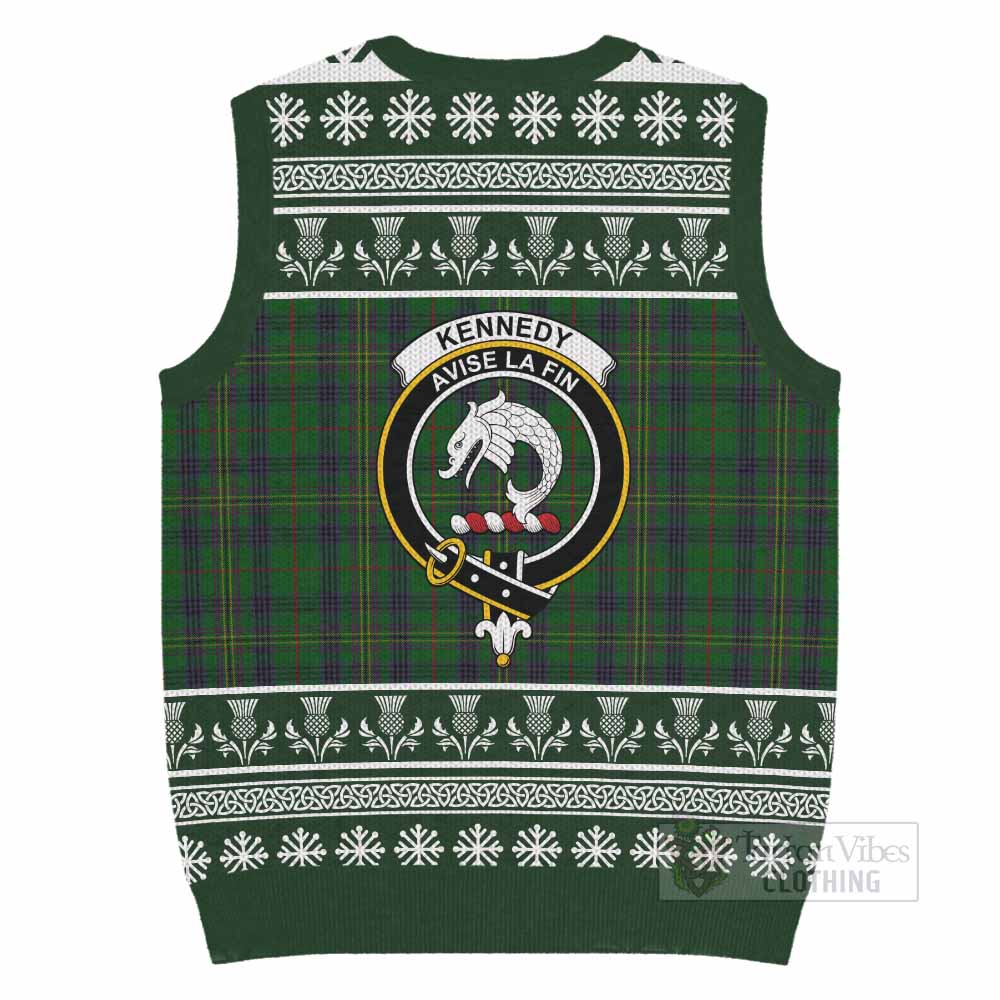Kennedy Clan Tartan Christmas Knitted V-Neck Vest with Family Crest - Tartan Vibes Clothing