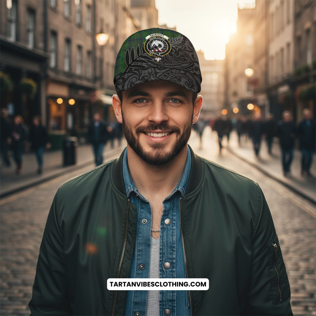 Kennedy Crest Tartan Classic Cap with New Zealand Silver Fern Half Style