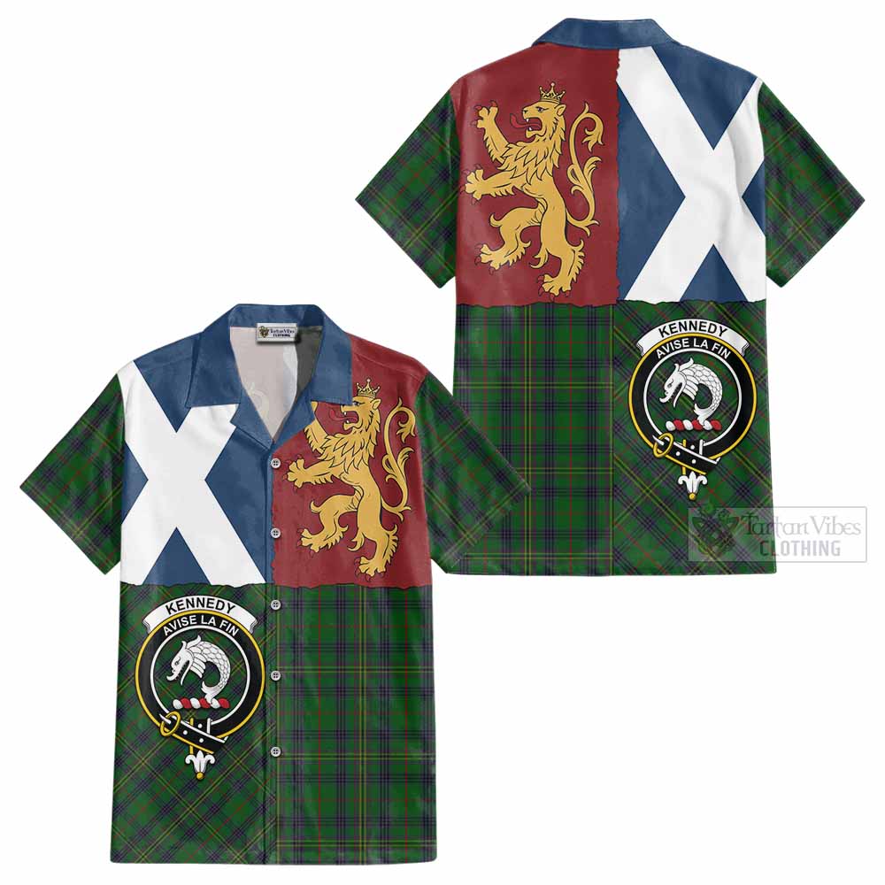 Kennedy Crest Tartan Cotton Hawaiian Shirt with Lion Rampant Saltire Style - Tartan Vibes Clothing