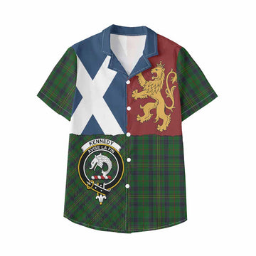Kennedy Crest Tartan Kid Hawaiian Shirt with Lion Rampant Saltire Style