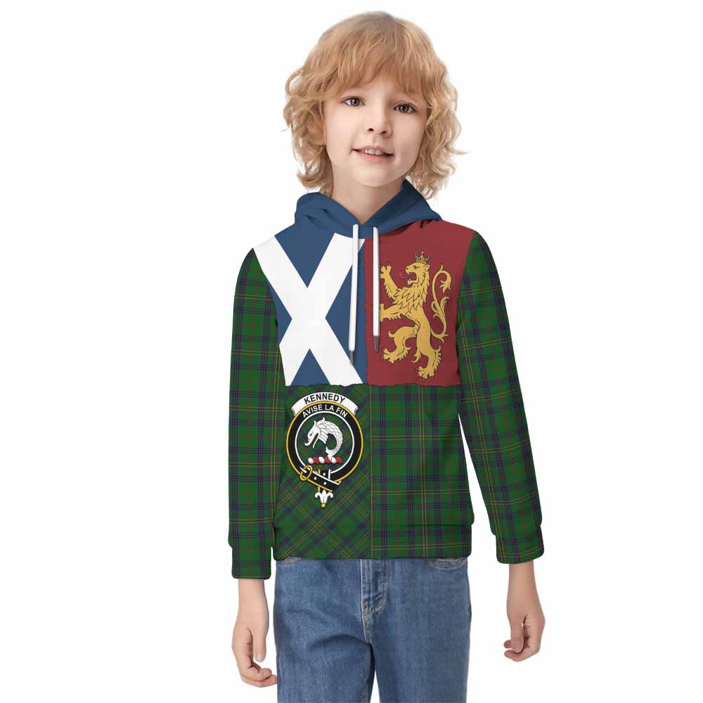 Kennedy Crest Tartan Kid Hoodie with Lion Rampant Saltire Style - Tartan Vibes Clothing