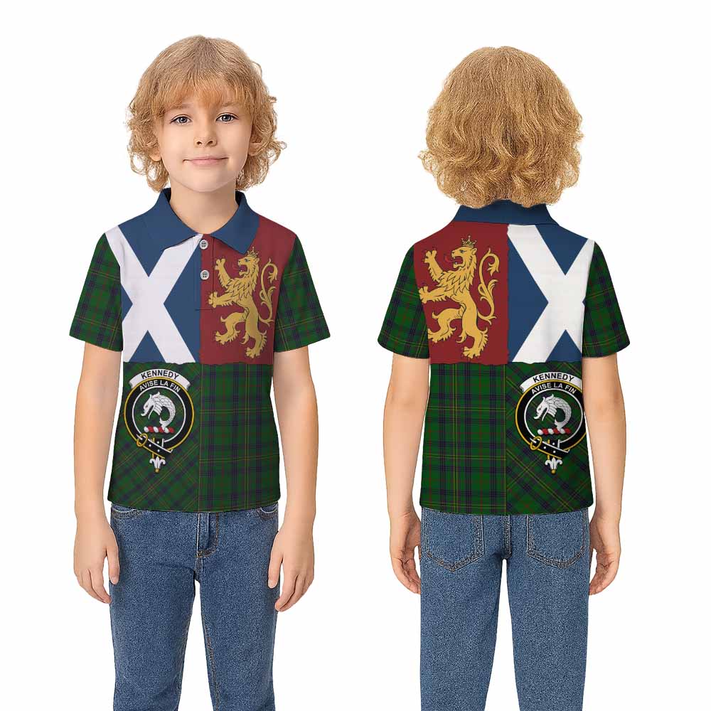 Kennedy Crest Tartan Kid Polo Shirt with Lion Rampant Saltire Style - Tartan Vibes Clothing