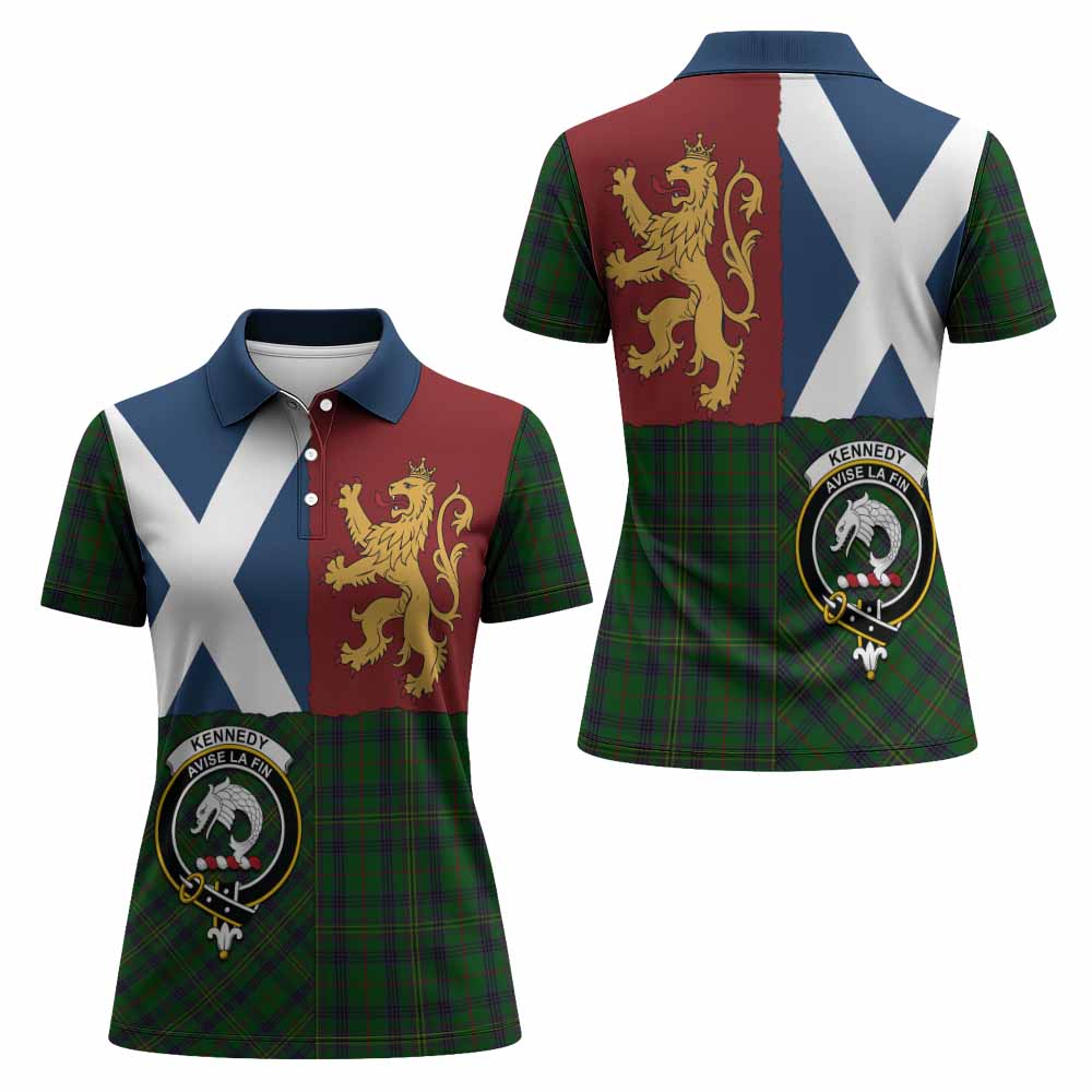 Kennedy Crest Tartan Women Polo Shirt with Lion Rampant Saltire Style